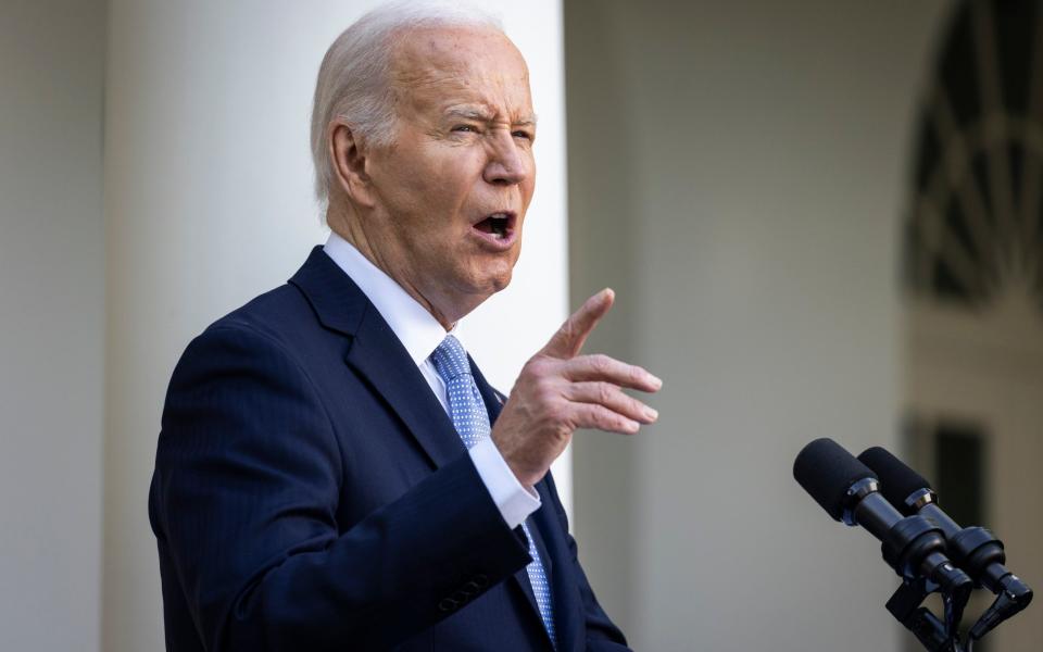 Joe Biden speaks during a reception celebrating Jewish American Heritage Month in the Rose Garden at the White House