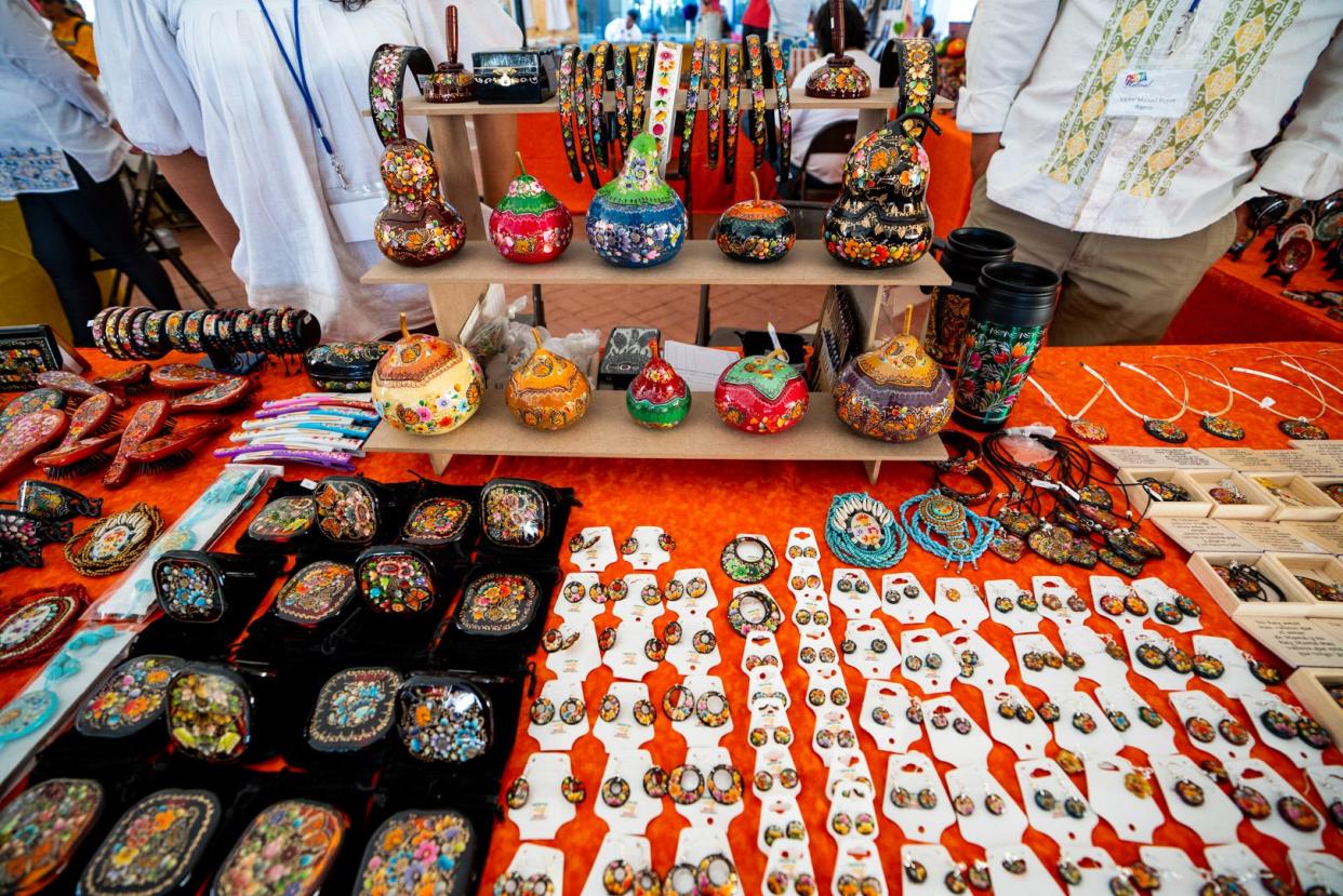 A variety of folk art handcrafts, like this lacquerware (or Maque Incrustado) is available as part of the annual ¡Fiesta Latina! artisan mercado at Western New Mexico University in Silver City.