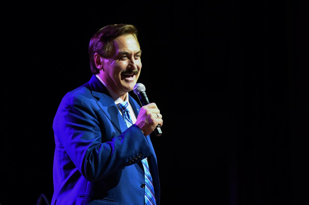 <p>MyPillow CEO Mike Lindell speaks at a campaign event.</p> (AP)