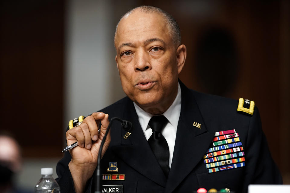 General William Walker, commanding general of the District of Columbia National Guard, speaks during a Senate Homeland and Governmental Affairs and Rules and Administration Committees hearing in Washington, D.C., U.S., on Wednesday, March 3, 2021. (Greg Nash/The Hill/Bloomberg via Getty Images)