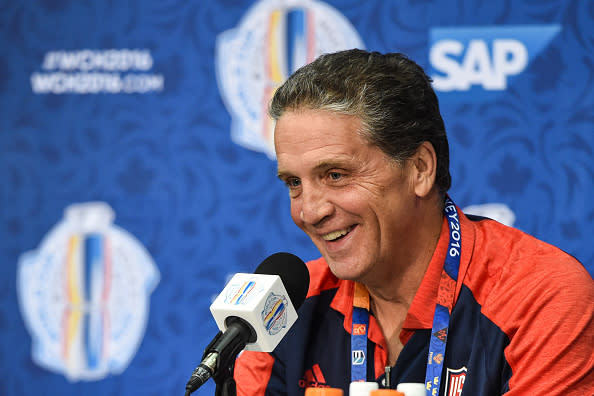TORONTO, ON - SEPTEMBER 15: General Manager of Team USA Dean Lombardi answers questions during Media day at the World Cup of Hockey 2016 at Air Canada Centre on September 15, 2016 in Toronto, Ontario, Canada. (Photo by Minas Panagiotakis/Getty Images)