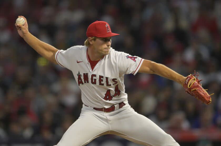 ANAHEIM, CALIFORNIA - JUNE 9: Ben Joyce #44 of the Los Angeles Angels pitches in the game.