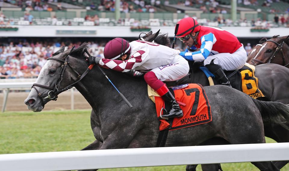 Beaute Cachee (7) with Lanfranco Dettori riding won the $300,000 Grade III WinStar Matchmaker Stakes at Monmouth Park Racetrack in Oceanport, NJ on Saturday July 20, 2024. Photo By Ryan Denver/EQUI-PHOTO