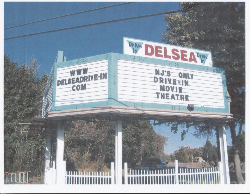 A sign for Delsea Drive-In reads: NJ's only drive-in movie theatre.