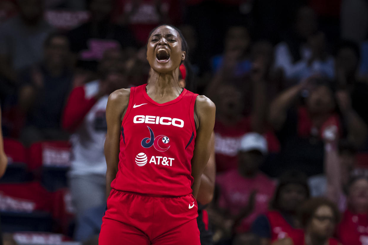 WASHINGTON, DC - SEPTEMBER 17: LaToya Sanders #30 of the Washington Mystics reacts against the Las Vegas Aces during the first half of Game One of the 2019 WNBA playoffs at St Elizabeths East Entertainment & Sports Arena on September 17, 2019 in Washington, DC. NOTE TO USER: User expressly acknowledges and agrees that, by downloading and or using this photograph, User is consenting to the terms and conditions of the Getty Images License Agreement. (Photo by Scott Taetsch/Getty Images)