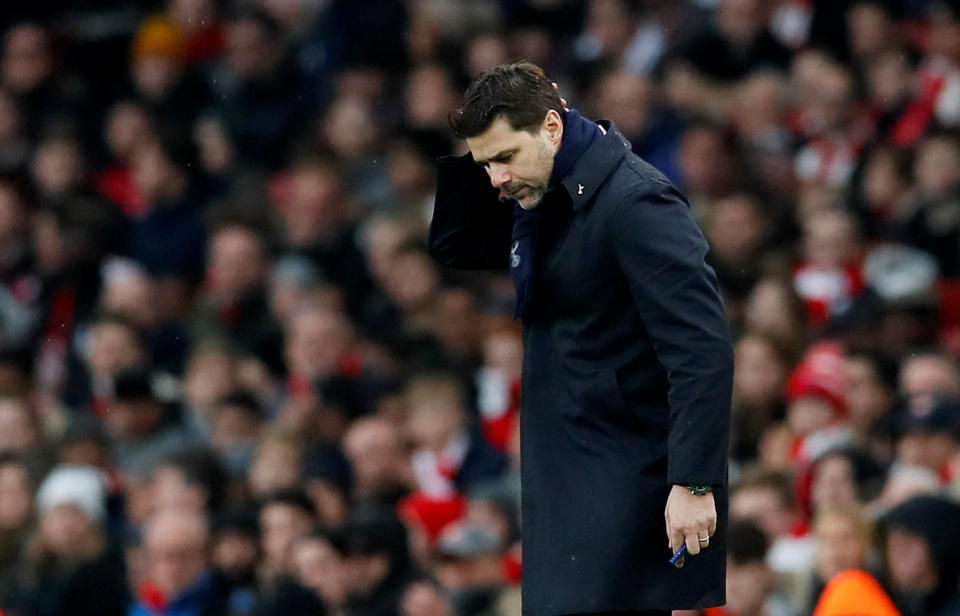 <p>Tottenham manager Mauricio Pochettino cannot believe that he is seeing</p>