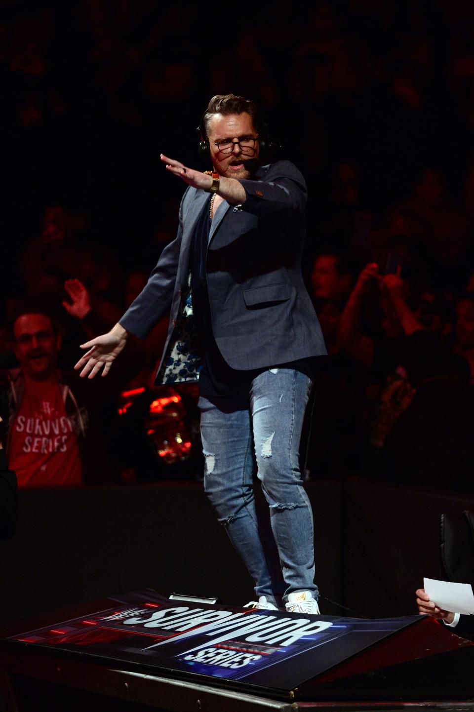 WWE commentator Pat McAfee reacts during WWE Survivor Series at Barclays Center on Nov. 21, 2021.