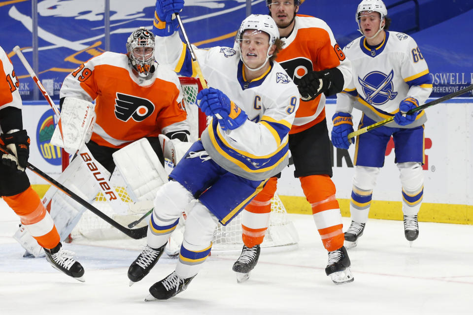 Buffalo Sabres forward Jack Eichel (9) skates during the second period of an NHL hockey game against the Philadelphia Flyers, Sunday, Feb. 28, 2021, in Buffalo, N.Y. (AP Photo/Jeffrey T. Barnes)