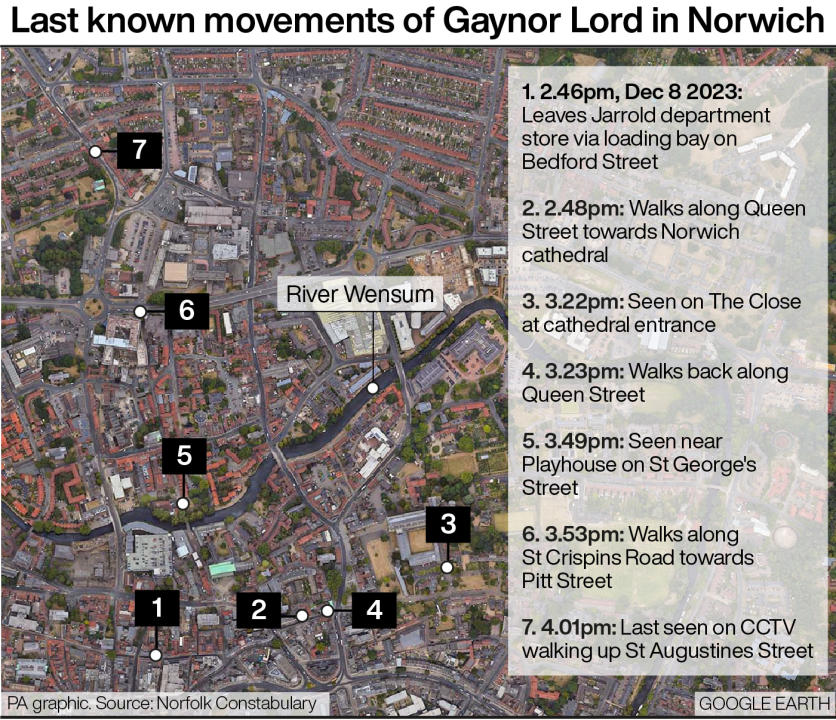 Last known movements of Gaynor Lord in Norwich. See story POLICE Lord. Infographic PA Graphics. An editable version of this graphic is available if required. Please contact graphics@pamediagroup.com.