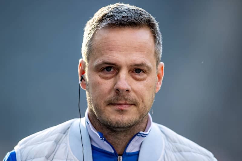 Hertha's president Kay Bernstein, gives an interview before the German Bundesliga soccer match between Hertha BSC and RB Leipzig at the Olympiastadion. Hertha Berlin president Kay Bernstein has died unexpectedly aged 43, the German second division club says. Andreas Gora/dpa