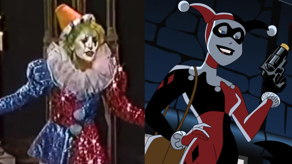 Harley Quinn, inspiration and execution, with Arleen Sorkin on Days of Our Lives (L) and the animated character (R).