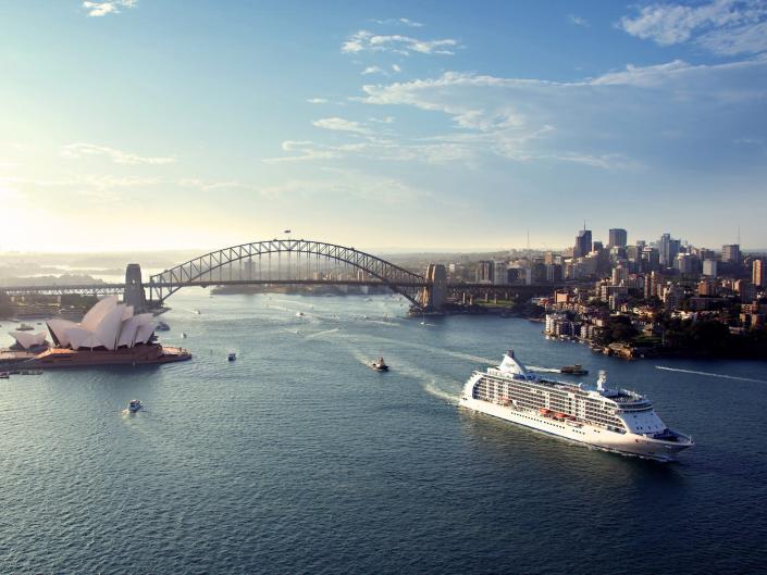 The Regent Seven Seas Mariner cruise ship sailing in Sydney, Australia.