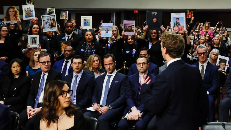 Meta's CEO Mark Zuckerberg stands and apologizes to families harmed by social media during testimony before the Senate Judiciary Committee on January 31, 2024. - Evelyn Hockstein/Reuters