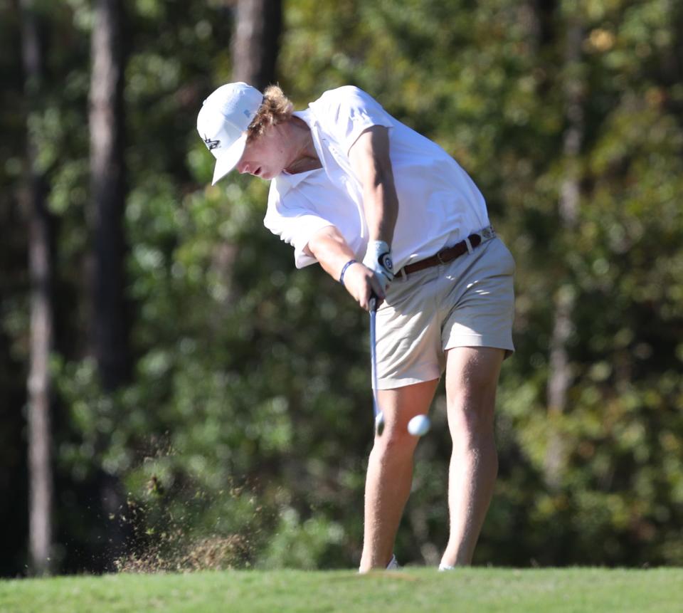 Brock Blais hits a shot during the Region 1-3A tournament in 2021, where he tied for third.