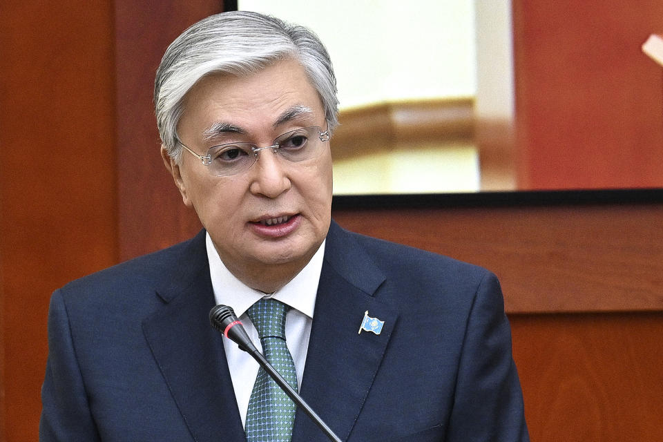 FILE - In this photo released by Kazakhstan's Presidential Press Office, President Kassym-Jomart Tokayev addresses parliament in Astana, Kazakhstan, on Tuesday, Feb. 6, 2024. The trial of businessman Kuandyk Bishimbayev, Kazakhstan's former economy minister, in the death of his wife, Saltanat Nukenova, has touched a nerve in the Central Asian country. Tens of thousands of people have signed petitions calling for harsher penalties for domestic violence. On April 11, senators approved a bill toughening penalties for spousal abuse, and Tokayev signed it into law four days later. (Kazakhstan's Presidential Press Office via AP, File)