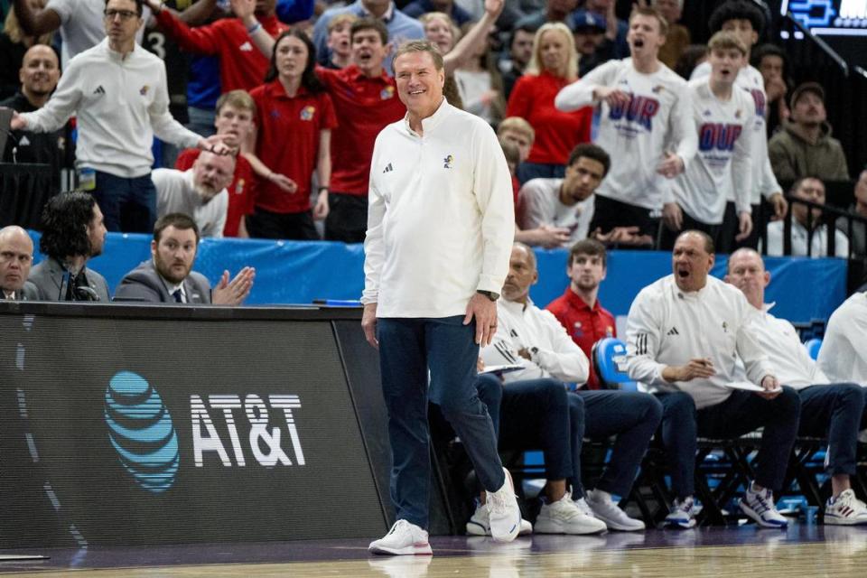 Kansas Jayhawks head coach Bill Self reacts to a call during a men’s college basketball game against the Gonzaga Bulldogs in the second round of the NCAA Tournament on Saturday, March 23, 2024, in Salt Lake City, Utah.