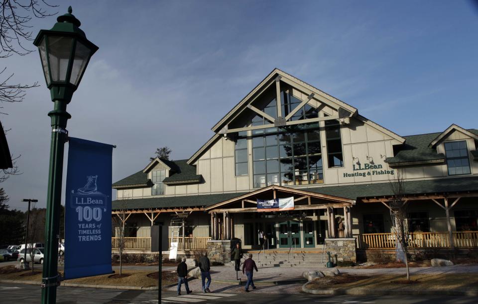 FILE - In this March 8, 2012 file photo, shoppers arrive at the L.L. Bean retail store in Freeport, Maine. L.L. Bean says sales grew 5.5 percent over the past year despite a mild winter weather that hurt sales of skis, coats and other outdoor gear for which the company is known. (AP Photo/Robert F. Bukaty, File)