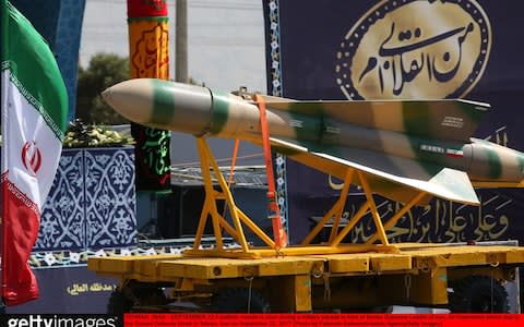 A ballistic missile on display during Sacred Defence Week in Tehran last month - Credit: Anadolu Agency
