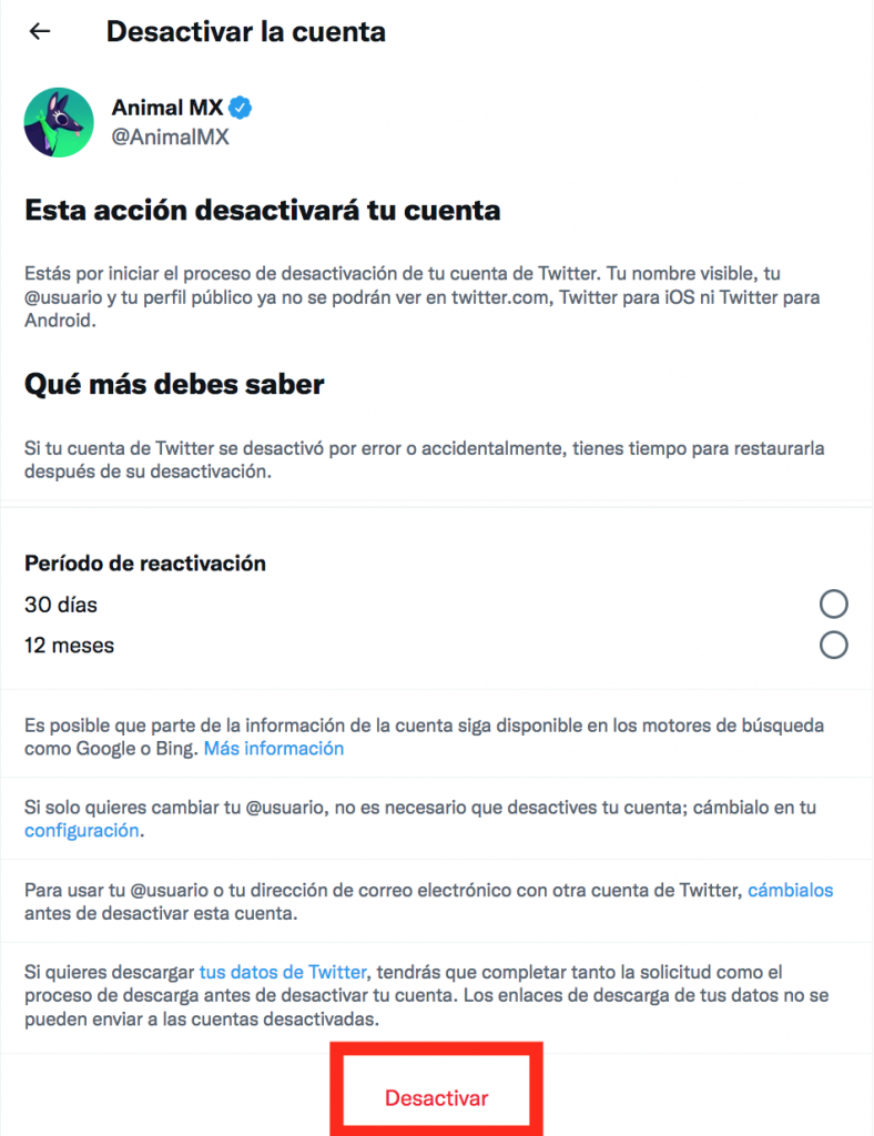 desactivar mi cuenta de twitter