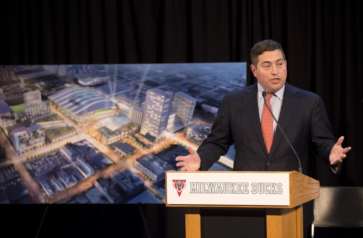 Milwaukee Bucks President Peter Feigin speaks at an April 7, 2015, press conference. (AP)