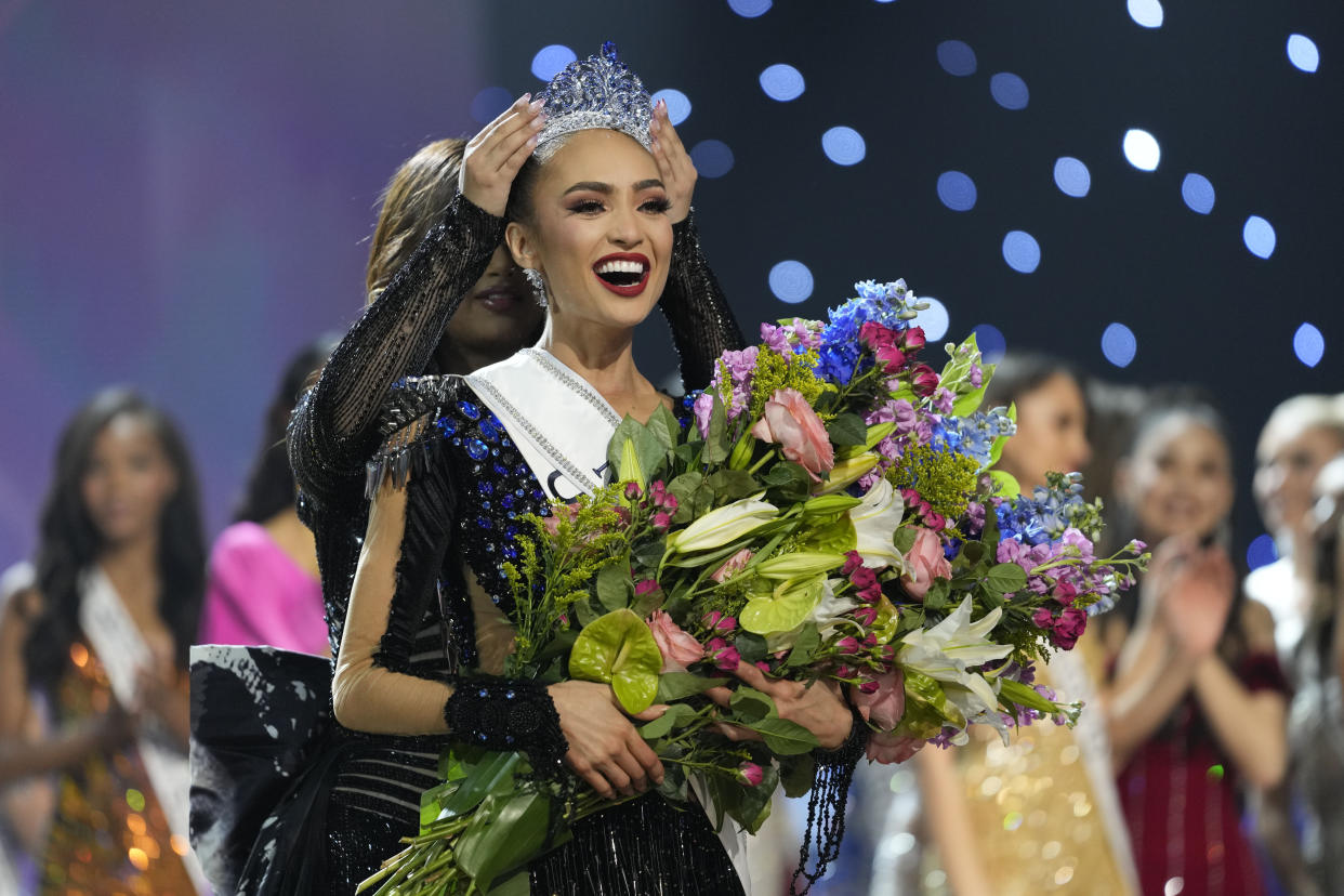 Miss USA R'Bonney Gabriel reacts as she is crowned Miss Universe during the final round of the 71st Miss Universe Beauty Pageant, in New Orleans on Saturday, Jan. 14, 2023. (AP Photo/Gerald Herbert)