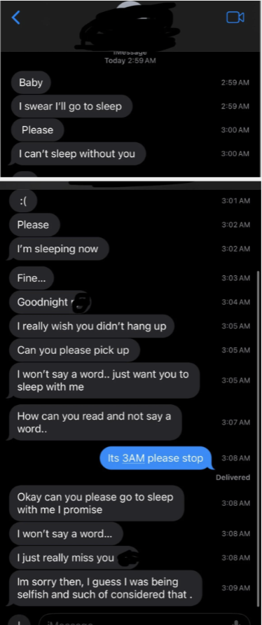 Text messages between two people discussing sleep, with one person asking the other to stay on the phone
