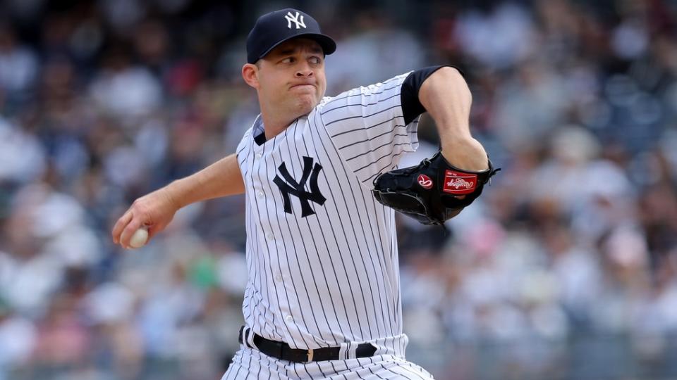 Apr 23, 2023;  Bronx, New York, USA;  New York Yankees relief pitcher Michael King (34) pitches against the Toronto Blue Jays during the sixth inning at Yankee Stadium.