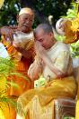 <p>The most recent coronation took place in 2004, of King Norodom Sihamoni. Here, Cambodian Supreme monks pour holy water on the king during a religious ceremony at the Royal Palace in Phnom Penh. </p>