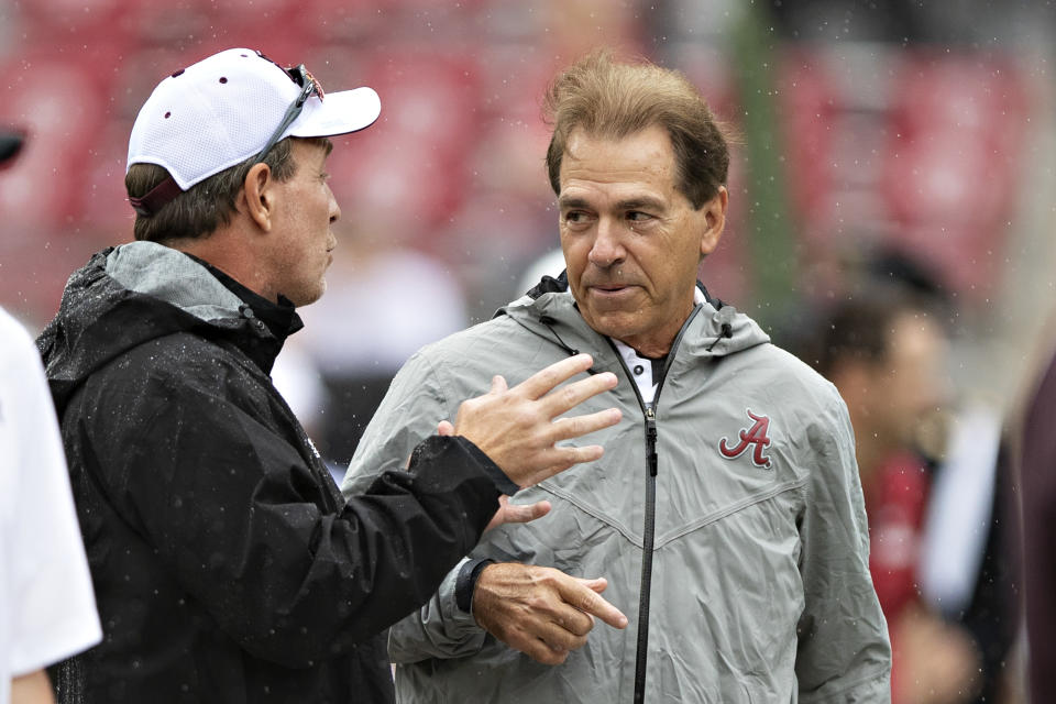 TUSCALOOSA, AL - SEPTEMBER 22:  Head Coach Jimbo Fisher of the Texas A&M Aggies talks at midfield with Head Coach Nick Saban of the Alabama Crimson Tide at Bryant-Denny Stadium on September 22, 2018 in Tuscaloosa, Alabama.  The Crimson Tide defeated the Aggies 45-23.  (Photo by Wesley Hitt/Getty Images)