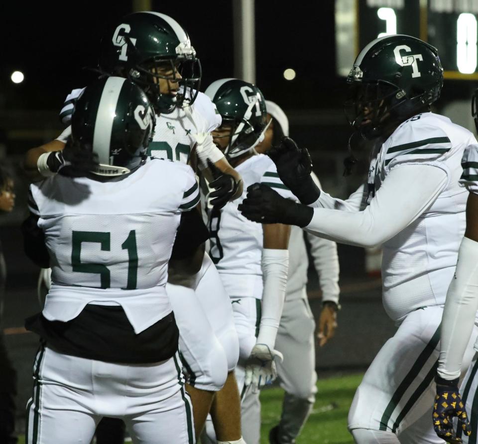 Detroit Cass Tech running back De'Mari Hendrix celebrates the winning touchdown against King during second-half action at Martin Luther King Jr. High School in Detroit on Friday, Sept. 15, 2023.