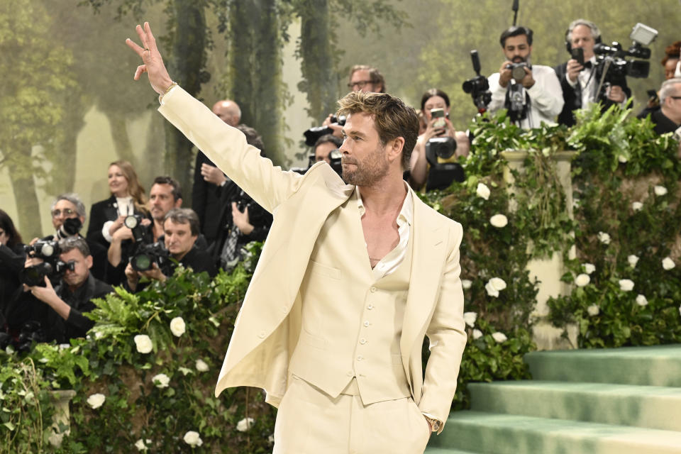 Chris Hemsworth attends The Metropolitan Museum of Art's Costume Institute benefit gala celebrating the opening of the "Sleeping Beauties: Reawakening Fashion" exhibition on Monday, May 6, 2024, in New York. (Photo by Evan Agostini/Invision/AP)