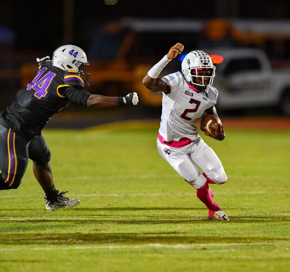 Fort Pierce Westwood running back Braylon Vincent (2) rushes for a first down in a high school football game against Fort Pierce Central, Friday, Oct. 20, 2023, at Lawnwood Stadium.