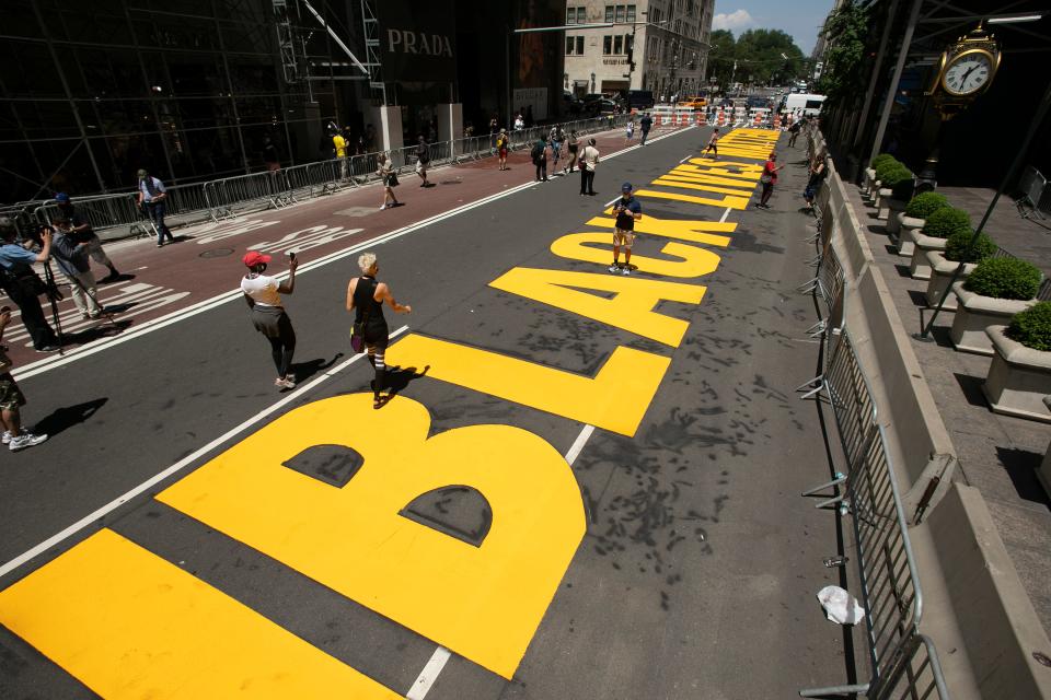 Black Lives Matter is painted on Fifth Avenue in front of Trump Tower on July 9, 2020, in New York City.