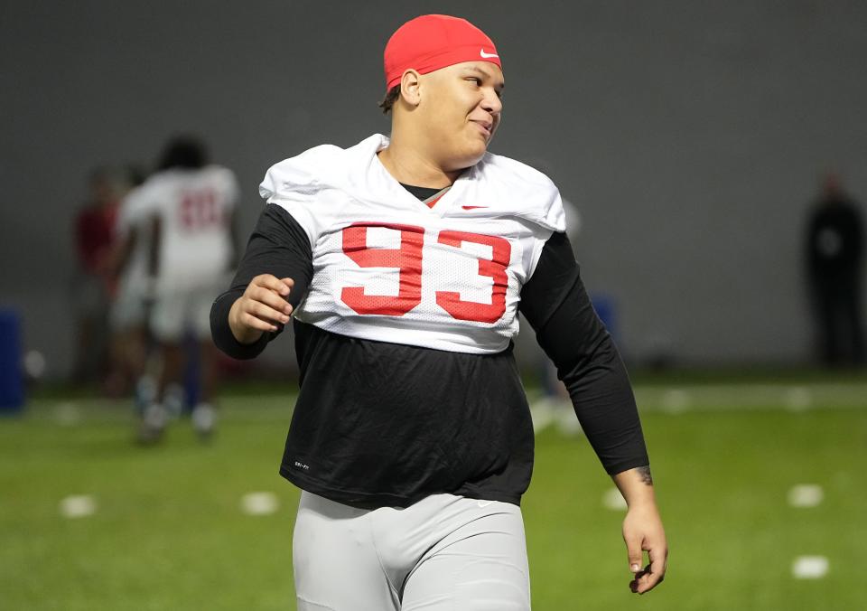 Mar 7, 2024; Columbus, OH, USA; Ohio State Buckeyes defensive tackle Hero Kanu (93) warms up during spring football practice at the Woody Hayes Athletic Center.