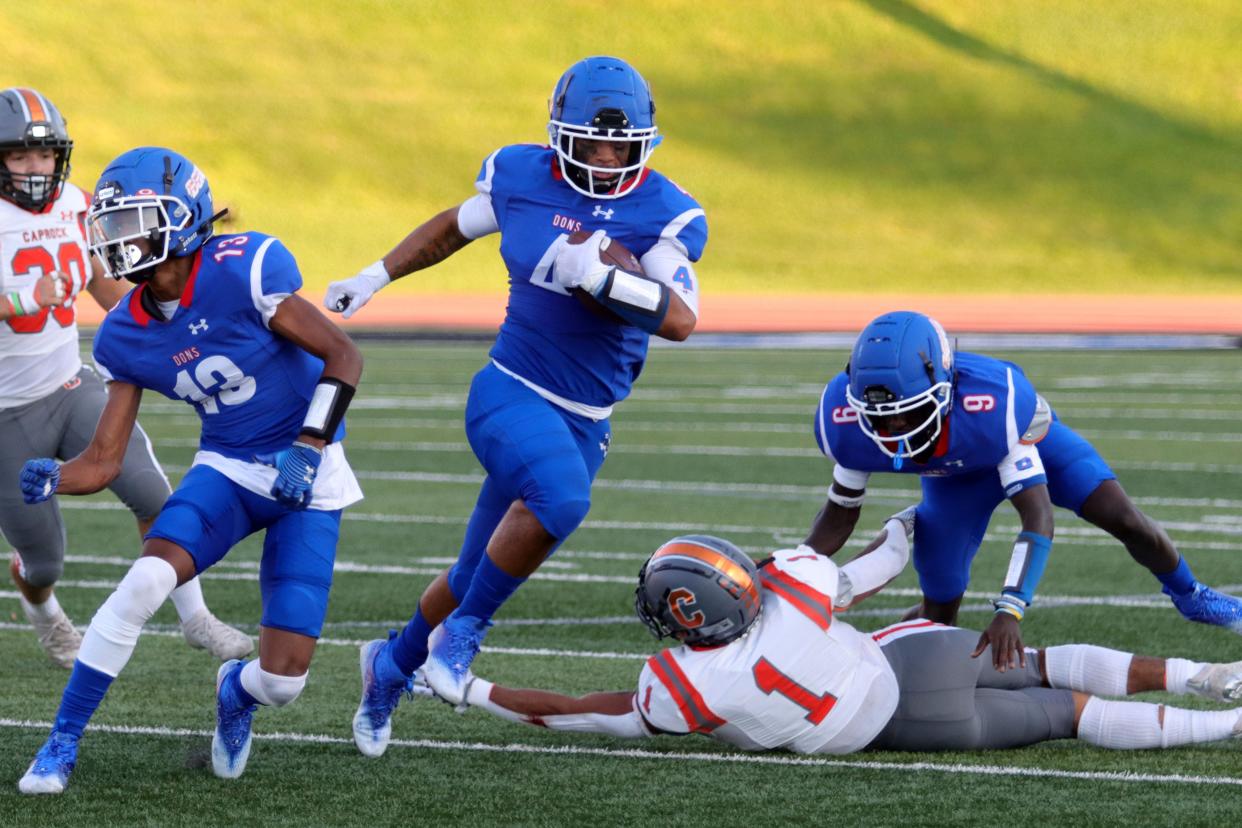 Palo Duro's Kameron Brown (4) runs the ball against Caprock, Thursday, Sept. 1, 2022, at Dick Bivins Stadium.