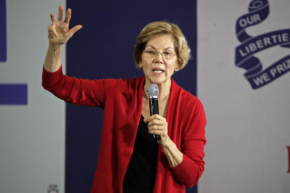 Democratic presidential candidate Sen. Elizabeth Warren speaks at a Get Out the Caucus Rally at Simpson College in Indianola, Iowa, Sunday, Feb. 2, 2020. (AP Photo/Gene J. Puskar)