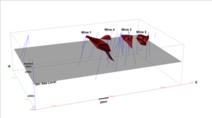 Figure 3: A 3D overview of the drill holes completed in phase 1 with modelled mineralized zones.