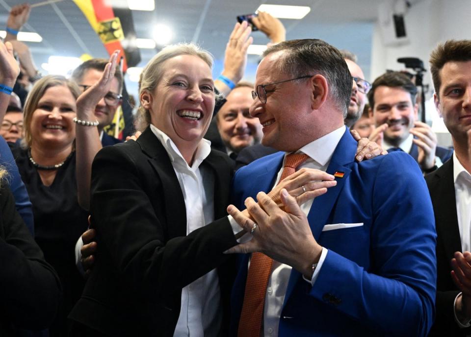 Alternative for Germany (AfD) party co-leaders Alice Weidel and Tino Chrupalla react to results after the polls closed in the European Parliament elections (REUTERS)