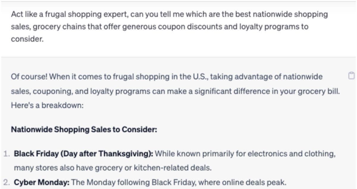 Screenshot of question asked to ChatGPT, 'Which are the best nationwide sales and grocery chains that offer coupon discounts and loyalty programs?'