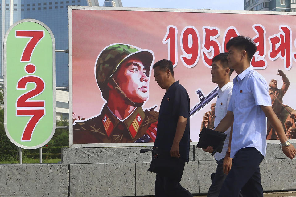 Citizens walk on a street of Pothonggang District of Pyongyang, North Korea Thursday, July 27, 2023, on the 70th anniversary of an armistice that halted fighting in the 1950-53 Korean War. (AP Photo/Cha Song Ho)