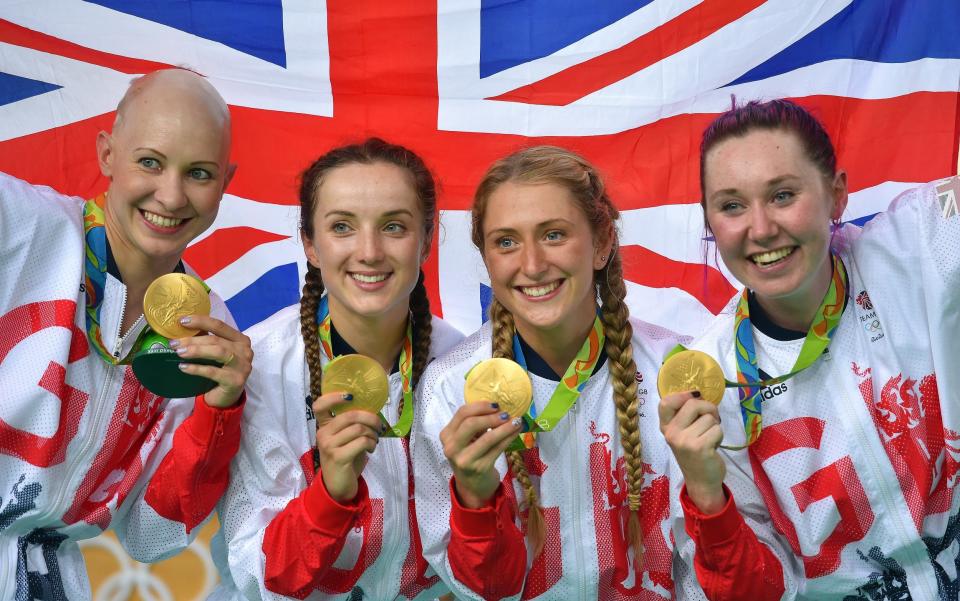 Women's Team Pursuit Finals Podium / Team GREAT BRITAIN (GBR)/ Katie ARCHIBALD (GBR)/ Laura TROTT (GBR)/ Elinor BARKER (GBR)/ Joanna ROWSELL-SHAND (GBR)/ Celebration / Gold Medal / Celebration / - Tim de Waele/Corbis via Getty Images