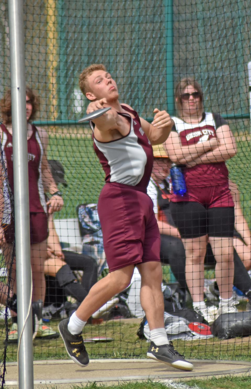 Union City's Logan Cole swept the throwing events at Saturday's Branch County Invite, winning both the shot put and discus