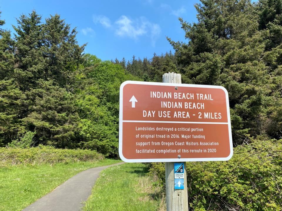 The Indian Beach Trail sign at the Ecola Point Day Use Area.