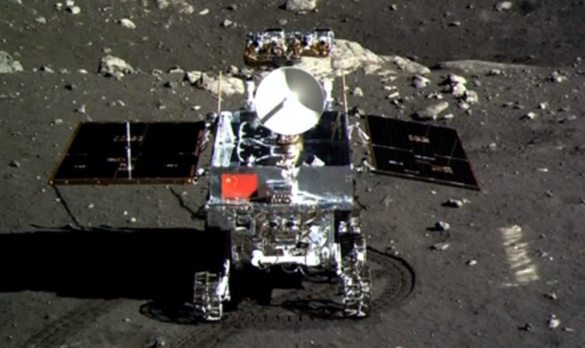 This screen grab taken from a CCTV footage shows a photo of the Jade Rabbit moon rover taken by the Chang'e-3 probe lander on Dec. 15, 2013.