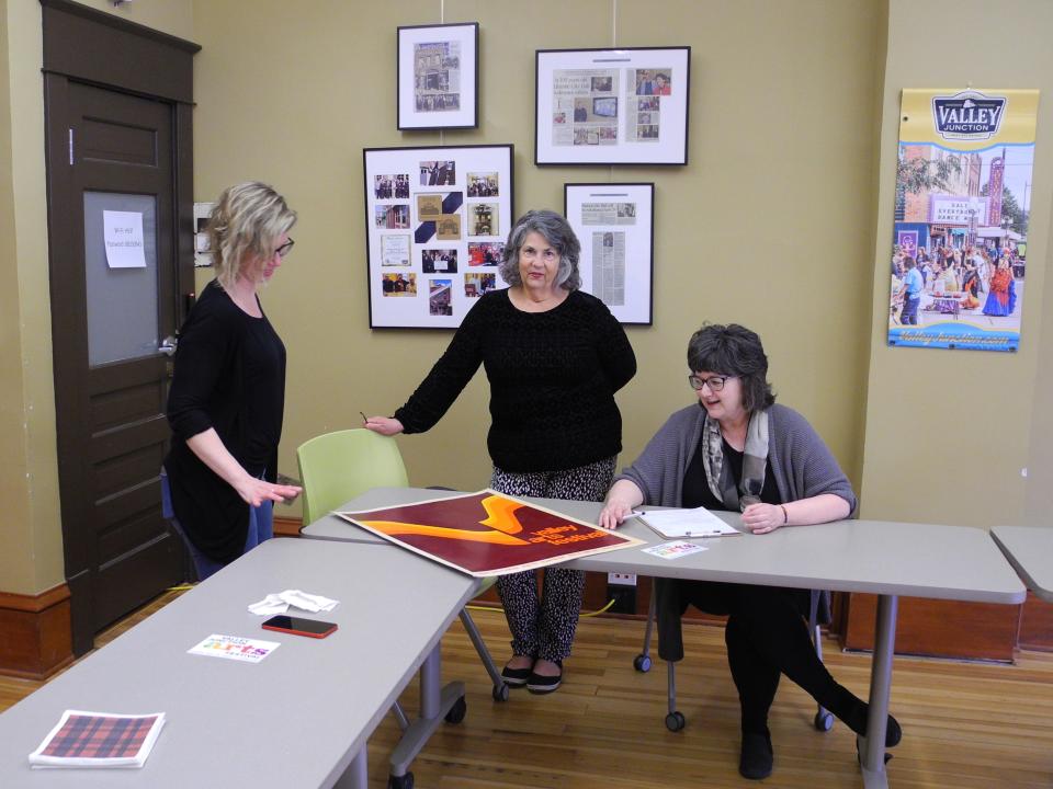 My Valley Junction Arts Festival committee pals Susan Watts, left, and Annie Williams Temple, middle, with me.