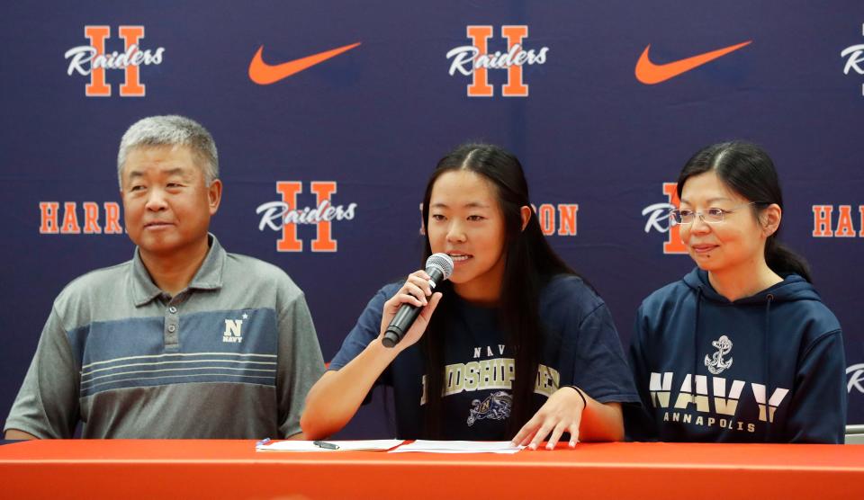 Harrison Raider Emma Gu speaks during signing day, Wednesday, Nov. 8, 2023, at Harrison High School in West Lafayette, Ind. Gu signed to the Naval Academy for Tennis.