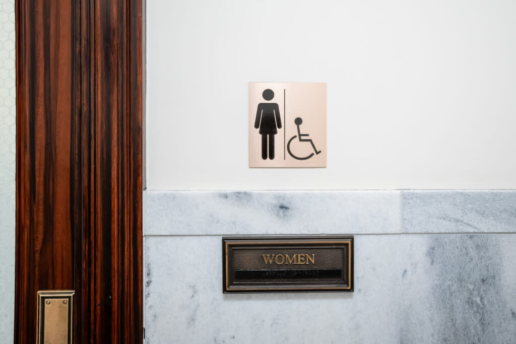 The sign for a women’s bathroom at the Capitol in Salt Lake City is pictured.