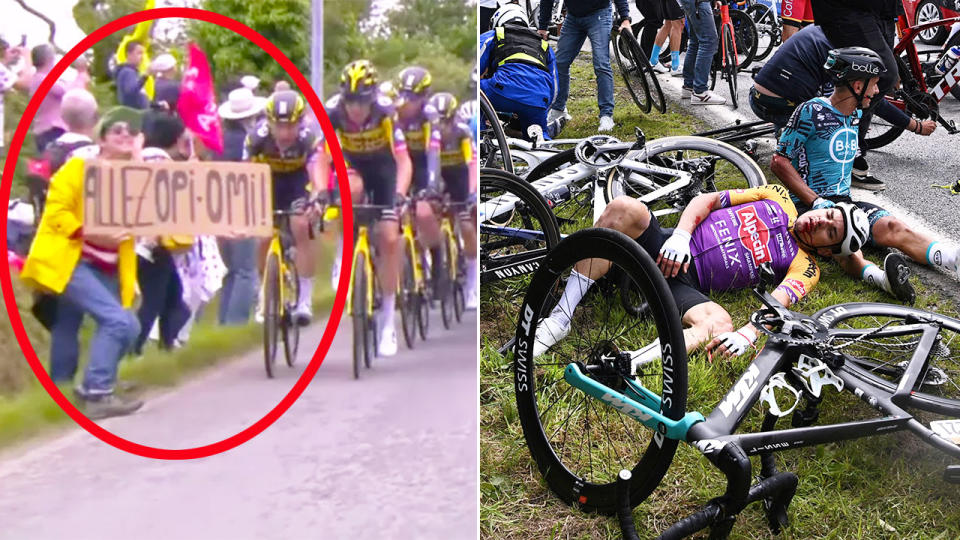 Pictured here, the Tour de France spectator who caused a horrific stage one crash.