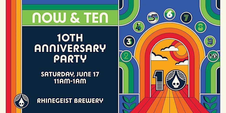 To honor a decade of service, Rhinegeist Brewery will host a Now and Ten anniversary party on Saturday, June 17, at 1910 Elm Street in Over-the-Rhine.