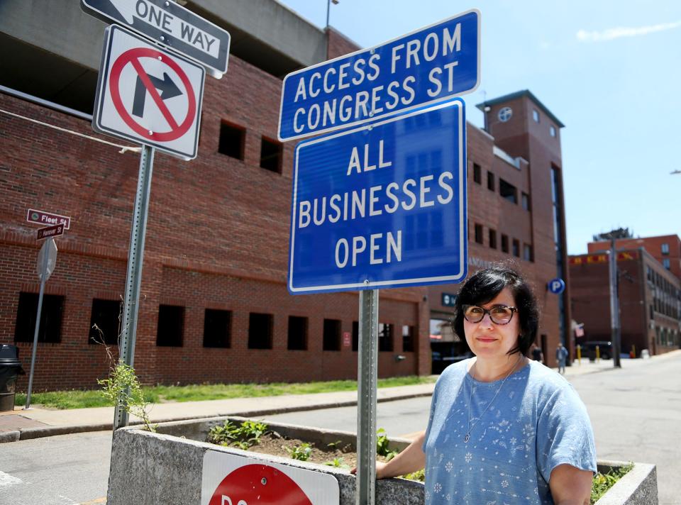 Gina Kennedy, owner of Gilley's Diner, says a new one-way traffic sign on Fleet Street is limiting customers from coming to the store and impacting operations in Portsmouth on Wednesday, May 25, 2022.